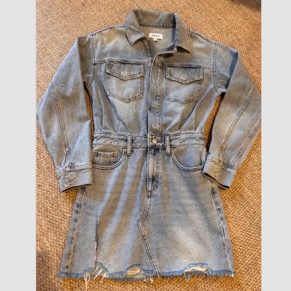 Pistola Nina Denim Mini Dress Raw Hem, Snaps, Acid Wash, Flaw, Game Day size XS